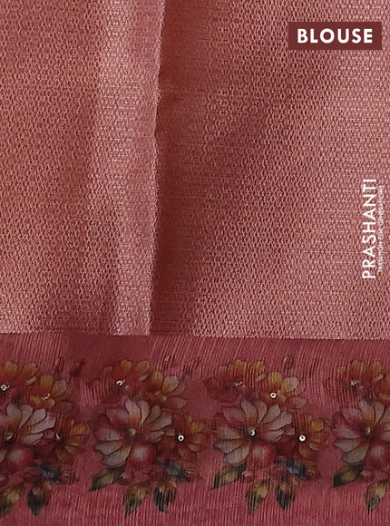 Kota tissue saree dark peach with floral prints & pita work and zardosi work butta border