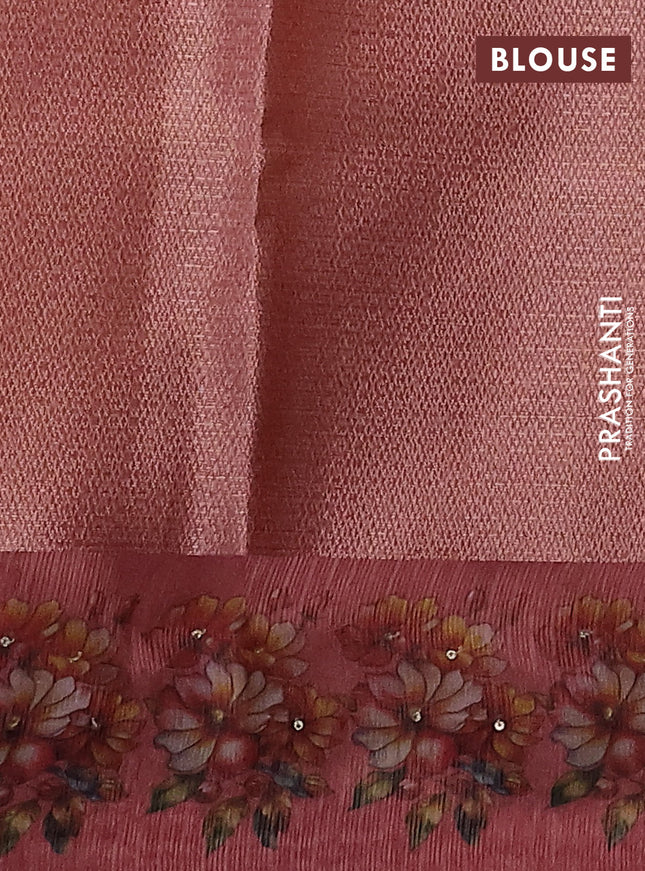 Kota tissue saree dark peach with floral prints & pita work and zardosi work butta border