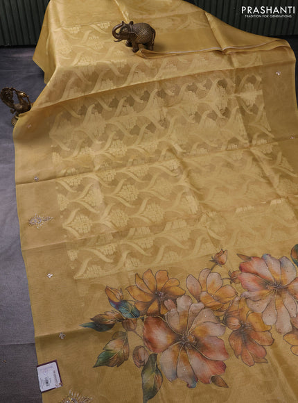 Kota tissue saree yellow with floral prints & pita work and zardosi work butta border