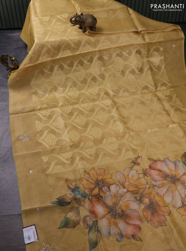 Kota tissue saree yellow with floral prints & pita work and zardosi work butta border
