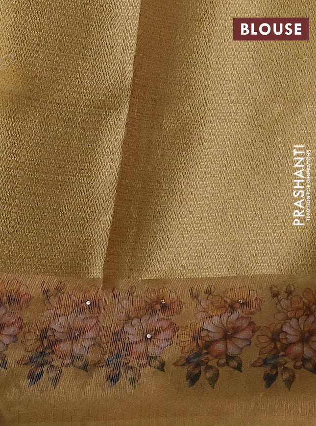 Kota tissue saree yellow with floral prints & pita work and zardosi work butta border