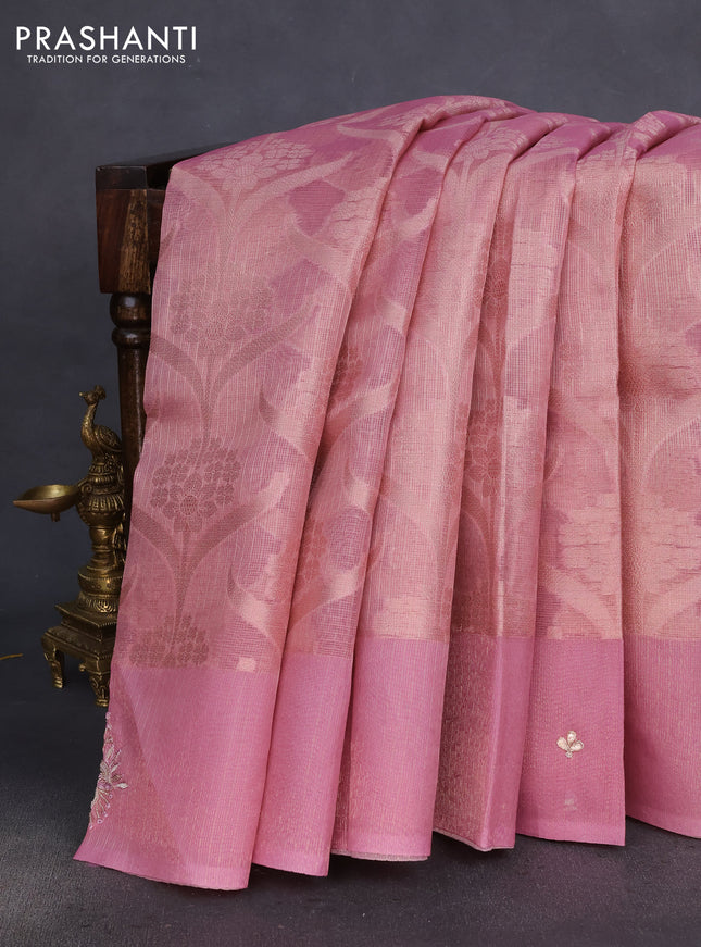 Kota tissue saree light pink with floral prints & pita work and zardosi work butta border