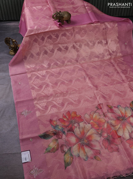 Kota tissue saree light pink with floral prints & pita work and zardosi work butta border