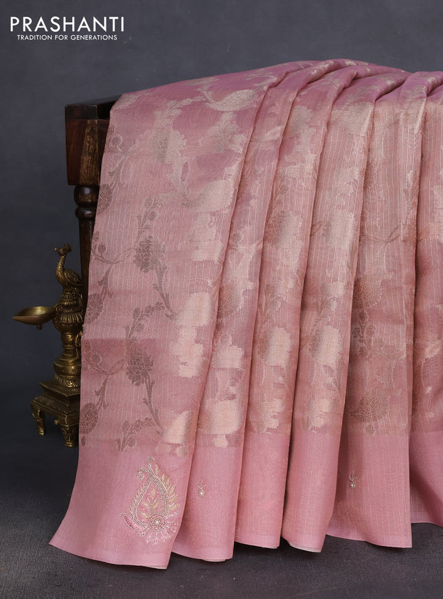 Kota tissue saree light pink with floral prints & pita work and zardosi work butta border