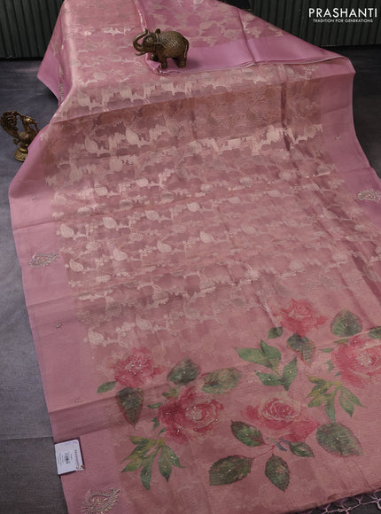 Kota tissue saree light pink with floral prints & pita work and zardosi work butta border