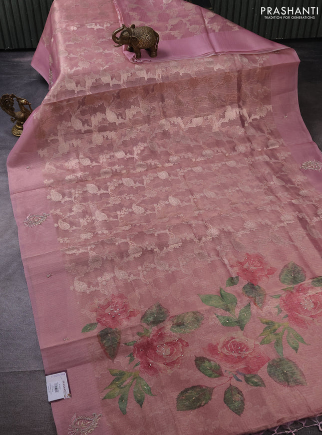 Kota tissue saree light pink with floral prints & pita work and zardosi work butta border