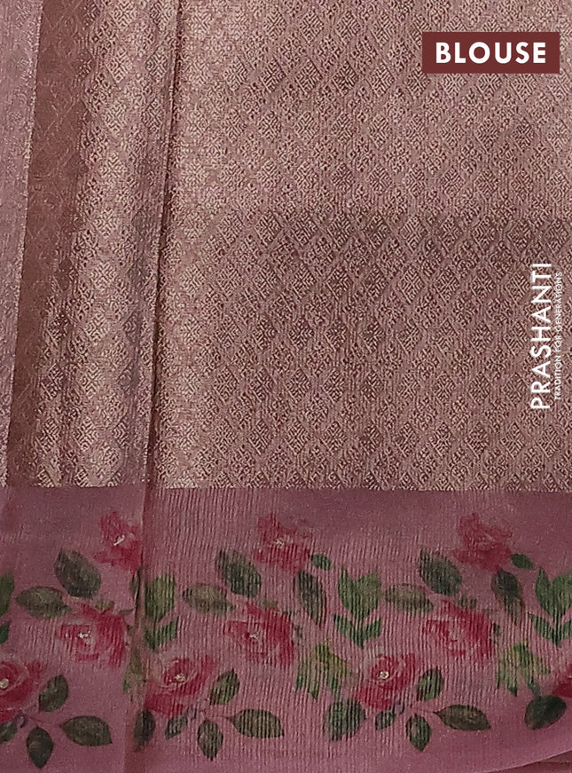 Kota tissue saree light pink with floral prints & pita work and zardosi work butta border