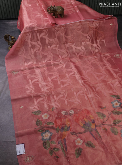 Kota tissue saree dark peach with floral prints & pita work and zardosi work butta border