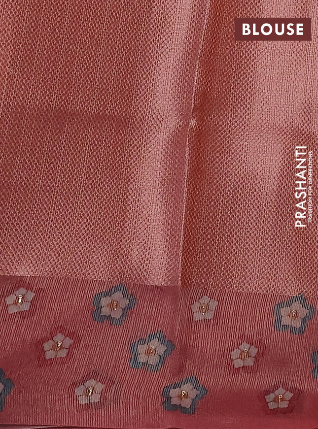 Kota tissue saree dark peach with floral prints & pita work and zardosi work butta border
