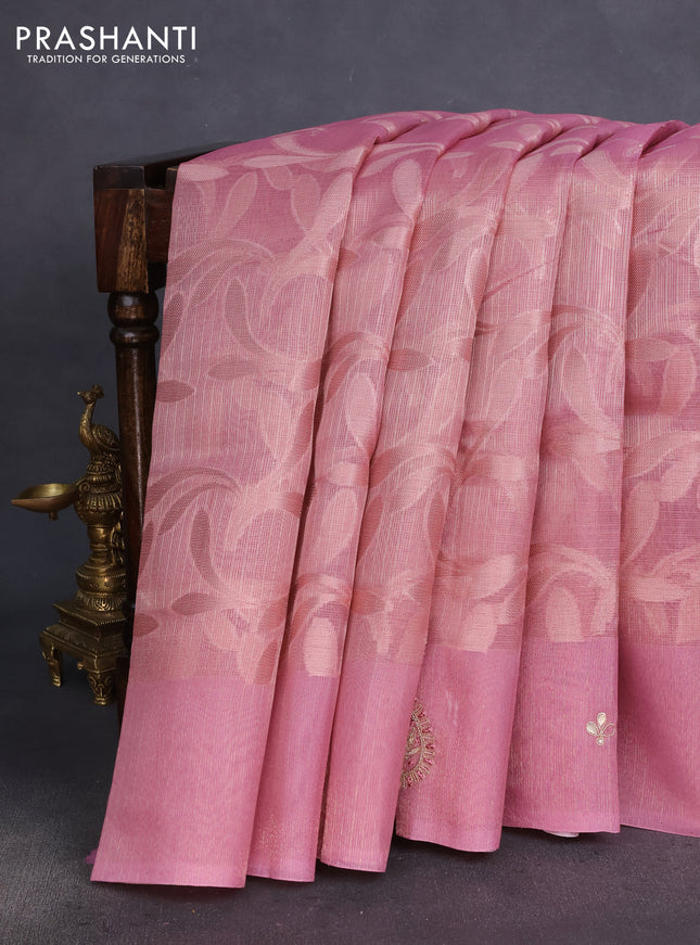 Kota tissue saree light pink with floral prints & pita work and zardosi work butta border