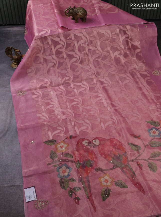 Kota tissue saree light pink with floral prints & pita work and zardosi work butta border
