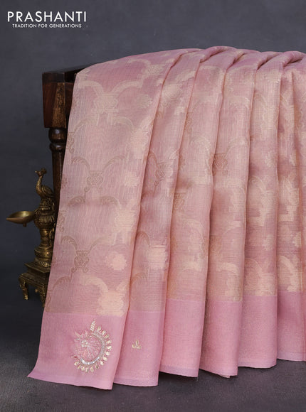 Kota tissue saree light pink with floral prints & pita work and zardosi work butta border