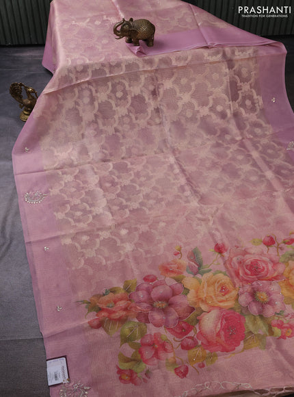 Kota tissue saree light pink with floral prints & pita work and zardosi work butta border