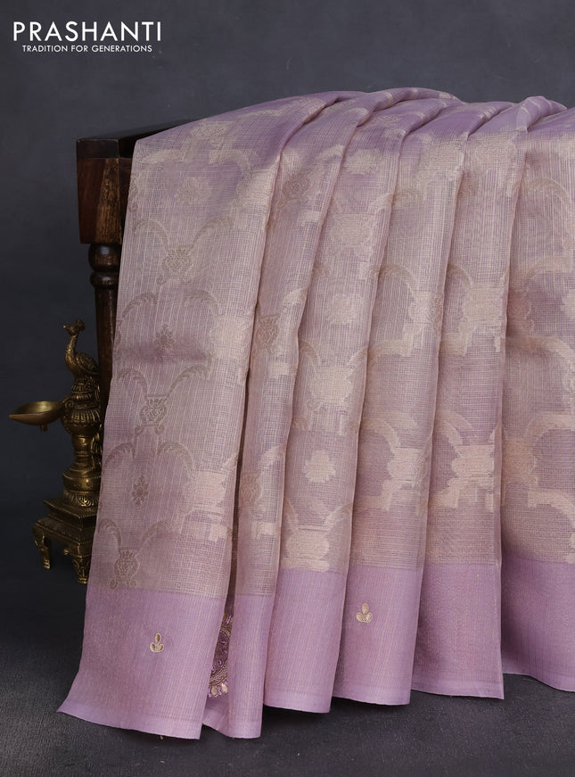 Kota tissue saree pastel lavender with floral prints & pita work and zardosi work butta border