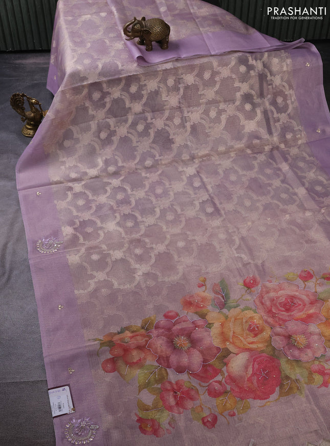 Kota tissue saree pastel lavender with floral prints & pita work and zardosi work butta border