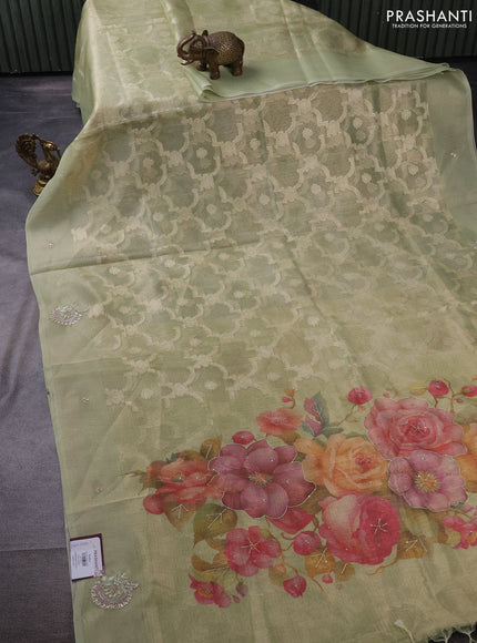 Kota tissue saree pista green with floral prints & pita work and zardosi work butta border