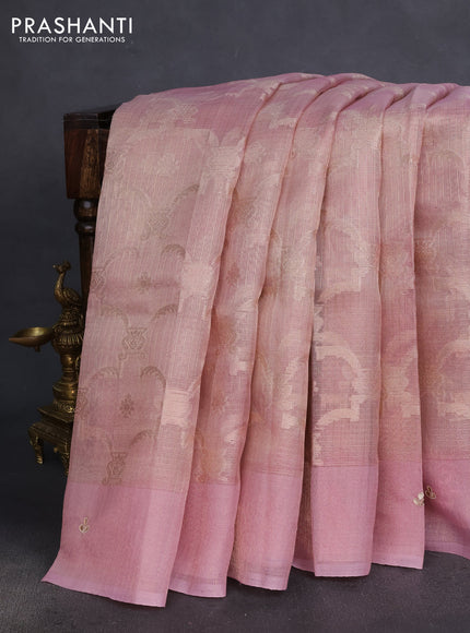 Kota tissue saree light pink with floral prints & pita work and zardosi work butta border