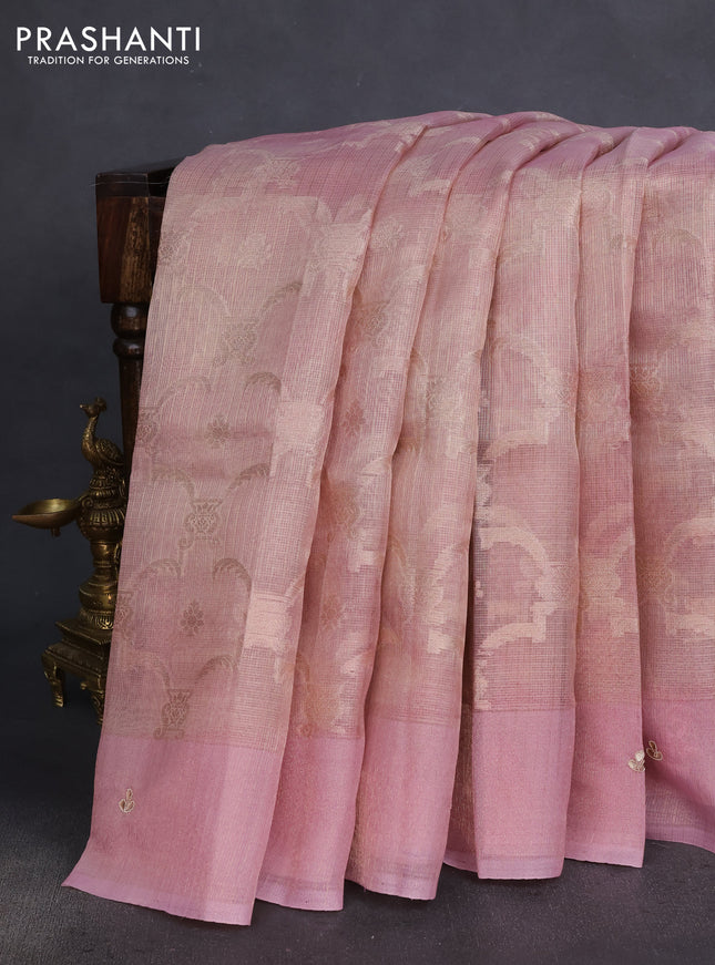 Kota tissue saree light pink with floral prints & pita work and zardosi work butta border
