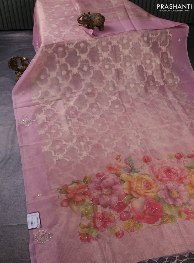 Kota tissue saree light pink with floral prints & pita work and zardosi work butta border