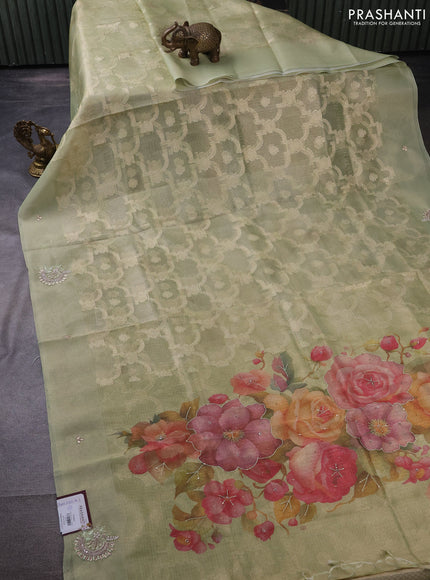 Kota tissue saree pista green with floral prints & pita work and zardosi work butta border