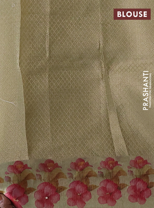 Kota tissue saree pista green with floral prints & pita work and zardosi work butta border