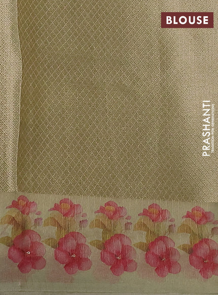 Kota tissue saree pista green with floral prints & pita work and zardosi work butta border