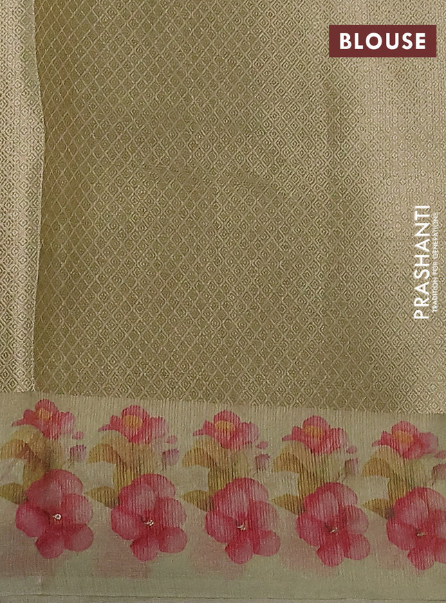 Kota tissue saree pista green with floral prints & pita work and zardosi work butta border