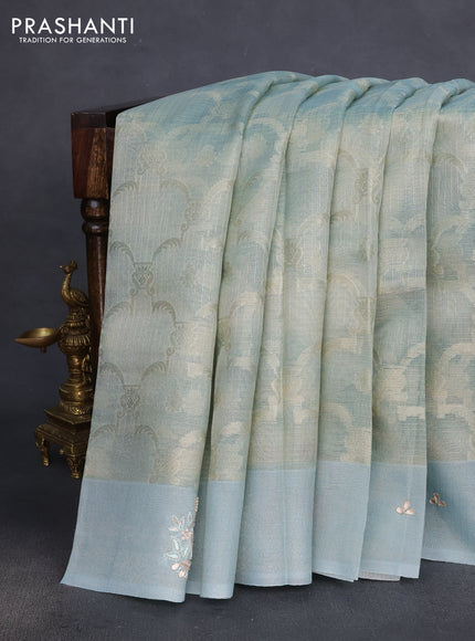 Kota tissue saree pastel blue with floral prints & pita work and zardosi work butta border