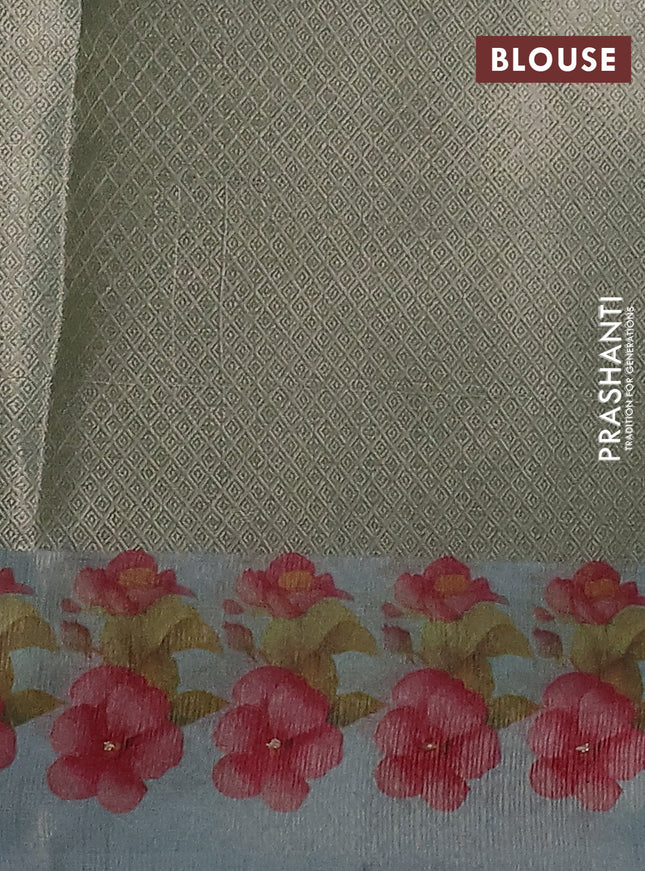 Kota tissue saree pastel blue with floral prints & pita work and zardosi work butta border