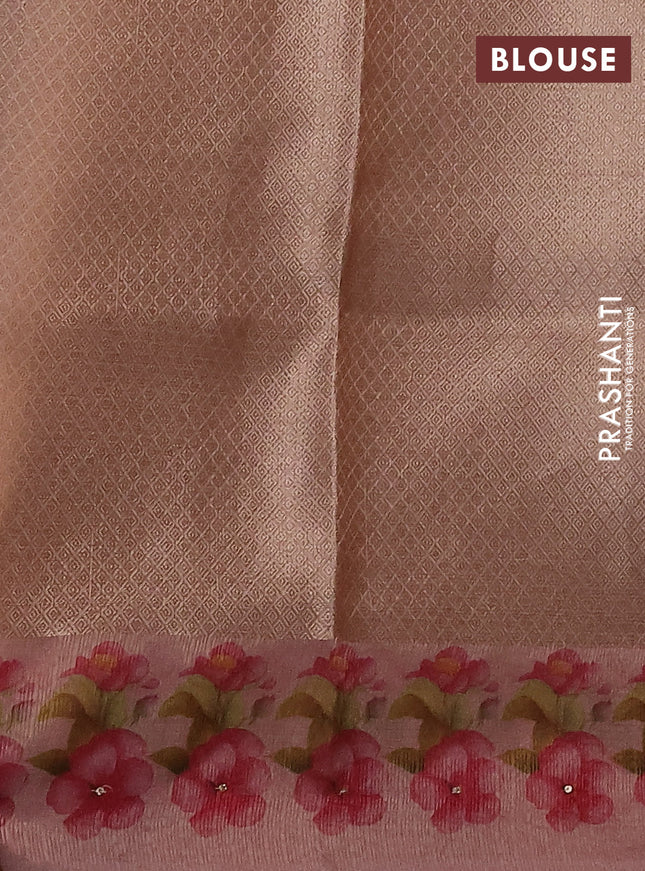 Kota tissue saree pastel peach with floral prints & pita work and zardosi work butta border