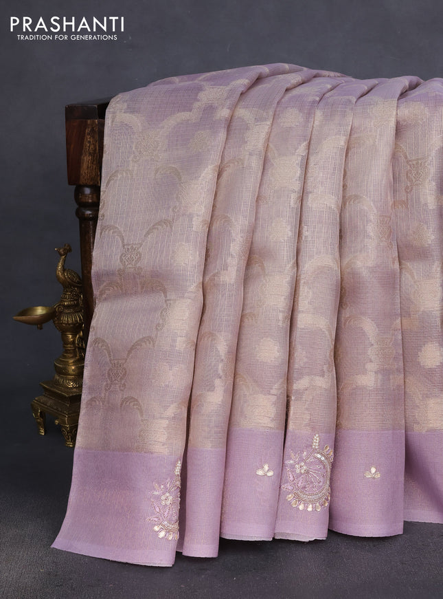 Kota tissue saree pastel lavender with floral prints & pita work and zardosi work butta border