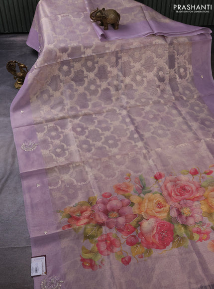 Kota tissue saree pastel lavender with floral prints & pita work and zardosi work butta border