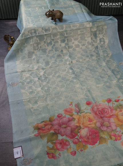 Kota tissue saree pastel blue with floral prints & pita work and zardosi work butta border