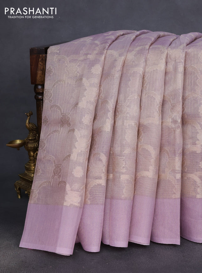 Kota tissue saree pastel lavender with floral prints & pita work and zardosi work butta border