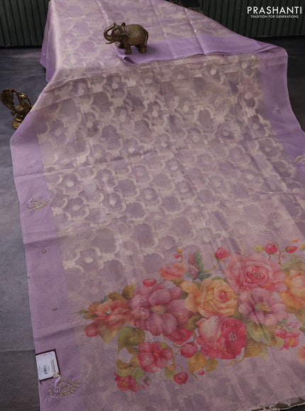 Kota tissue saree pastel lavender with floral prints & pita work and zardosi work butta border