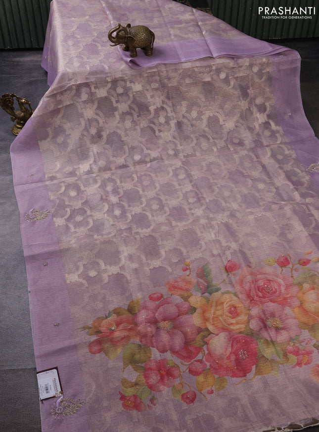 Kota tissue saree pastel lavender with floral prints & pita work and zardosi work butta border