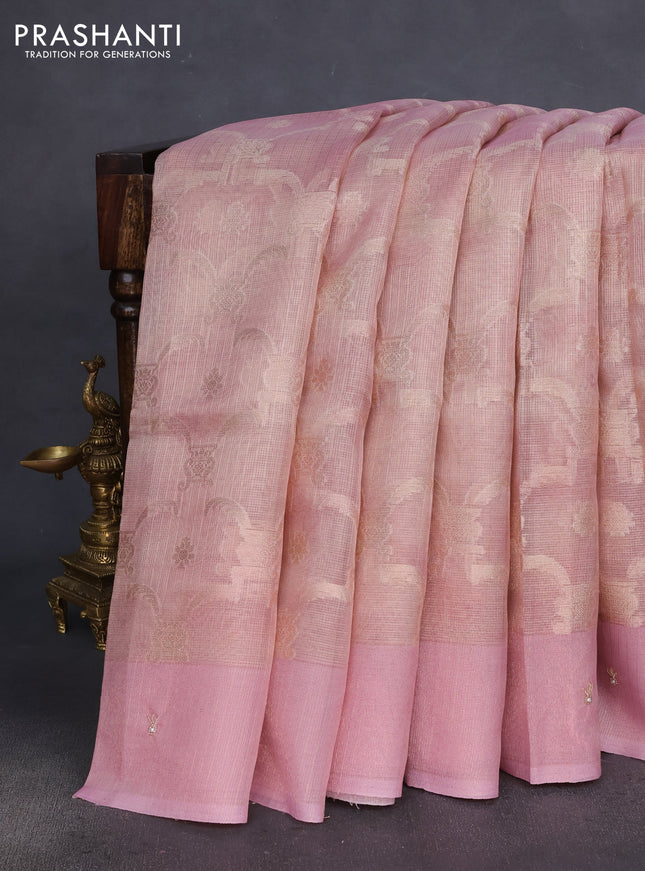Kota tissue saree light pink with floral prints & pita work and zardosi work butta border