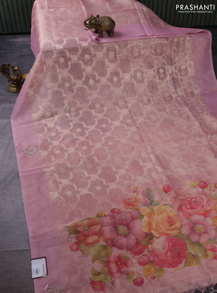 Kota tissue saree light pink with floral prints & pita work and zardosi work butta border