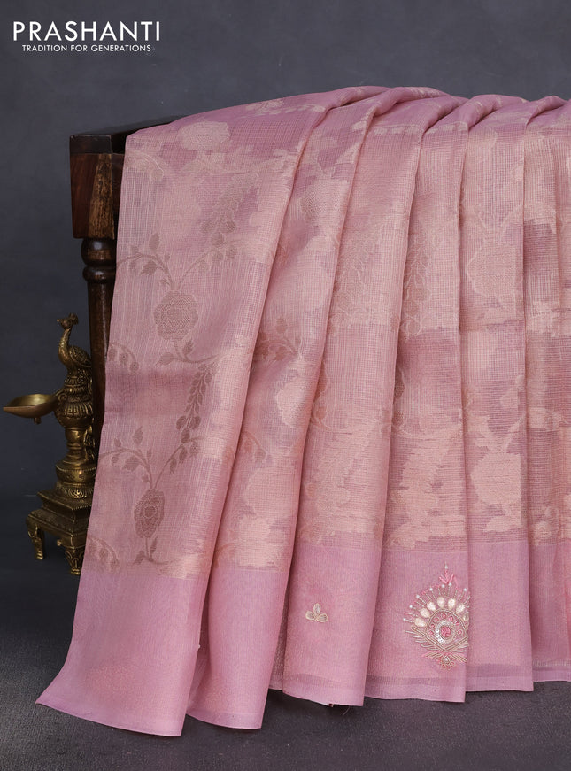 Kota tissue saree light pink with floral prints & pita work and zardosi work butta border