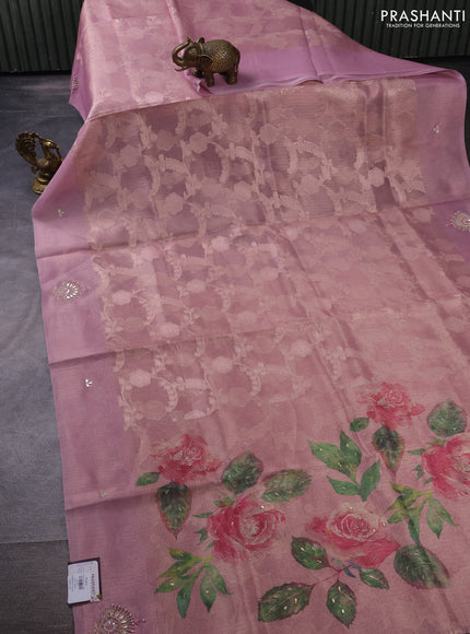 Kota tissue saree light pink with floral prints & pita work and zardosi work butta border