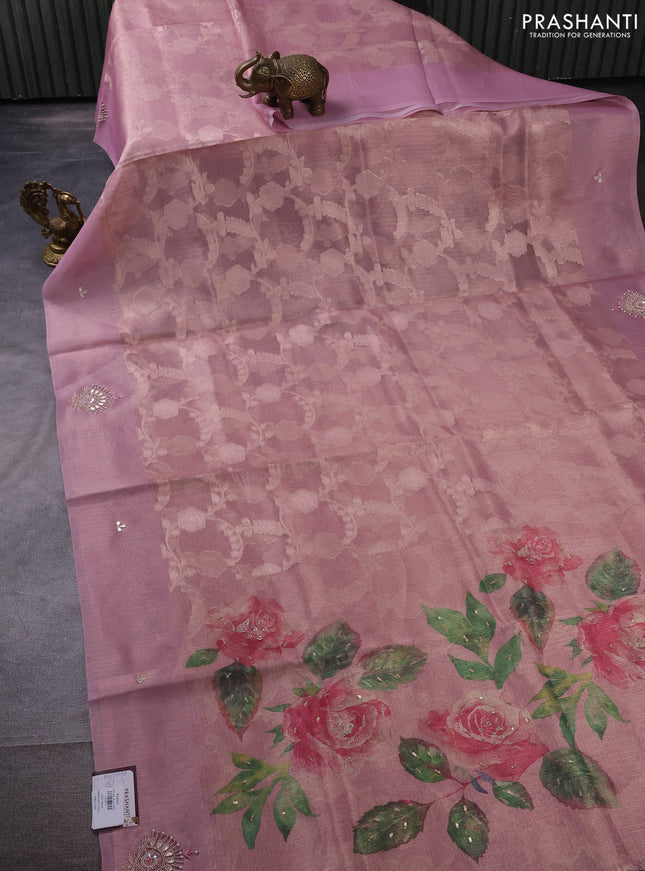 Kota tissue saree light pink with floral prints & pita work and zardosi work butta border