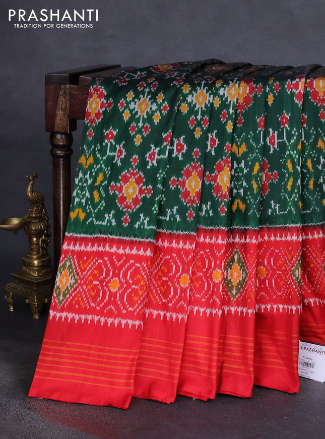 Pochampally silk saree dark green and red with allover ikat weaves and long ikat woven border