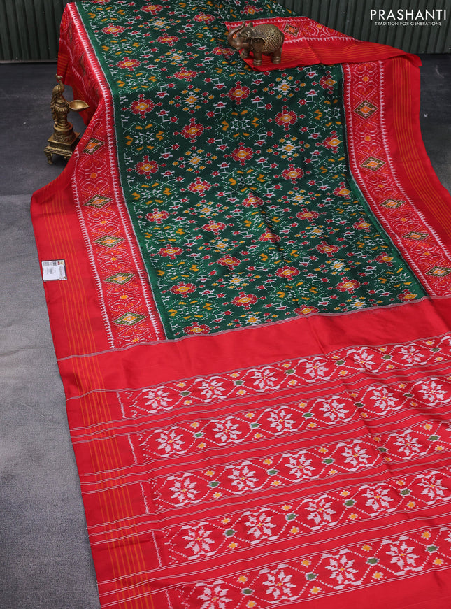 Pochampally silk saree dark green and red with allover ikat weaves and long ikat woven border