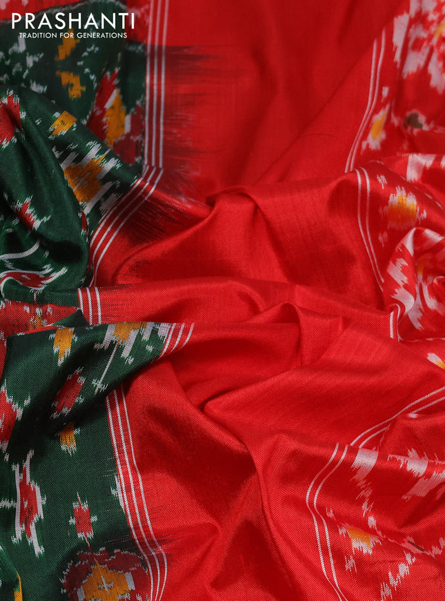 Pochampally silk saree dark green and red with allover ikat weaves and long ikat woven border