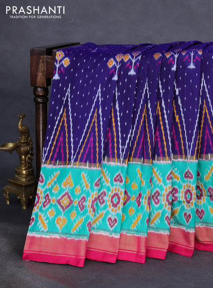 Pochampally silk saree dark blue and dark pink teal green with allover ikat weaves and long zari ikat woven border