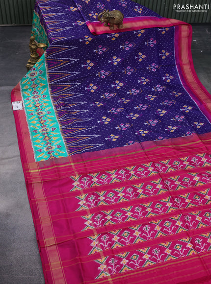 Pochampally silk saree dark blue and dark pink teal green with allover ikat weaves and long zari ikat woven border