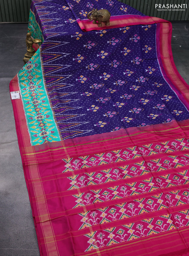Pochampally silk saree dark blue and dark pink teal green with allover ikat weaves and long zari ikat woven border