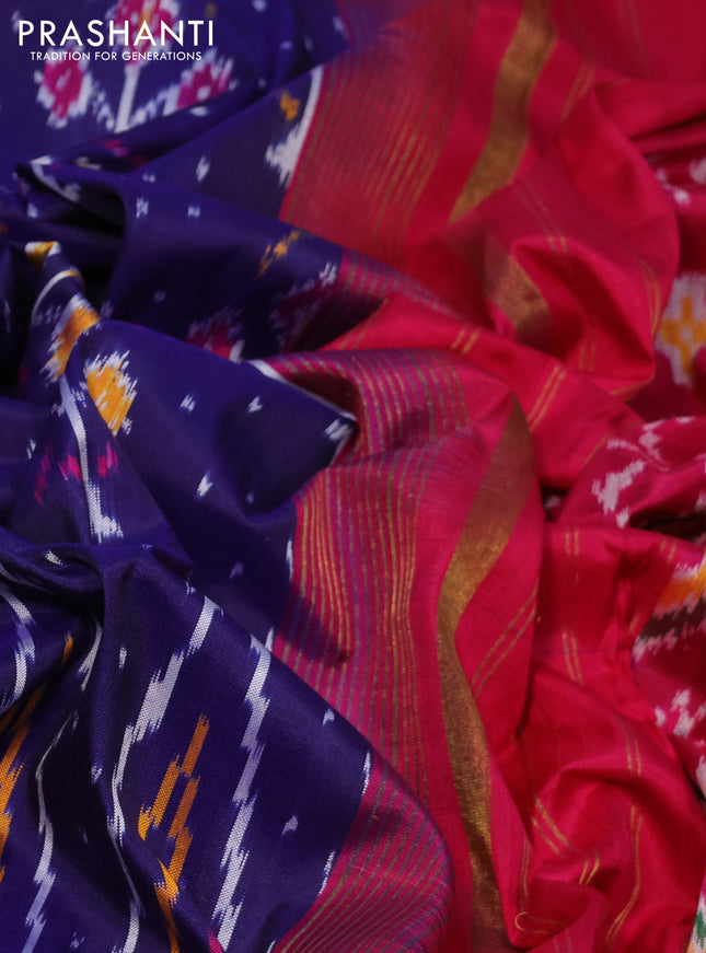 Pochampally silk saree dark blue and dark pink teal green with allover ikat weaves and long zari ikat woven border