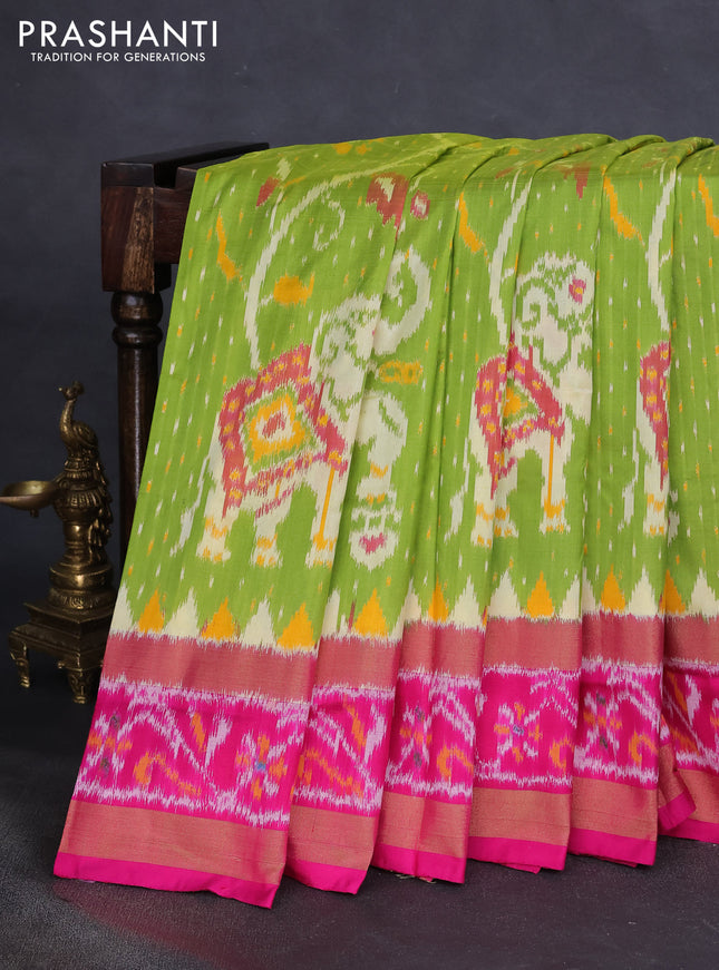 Pochampally silk saree light green and pink with allover patola weaves and zari woven ikat border