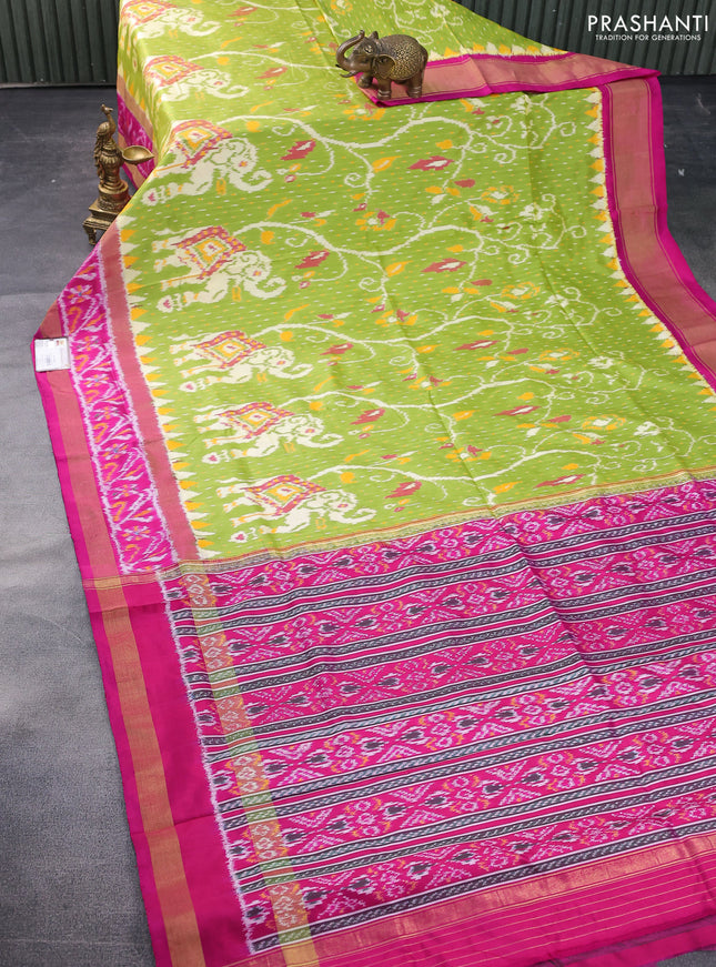 Pochampally silk saree light green and pink with allover patola weaves and zari woven ikat border